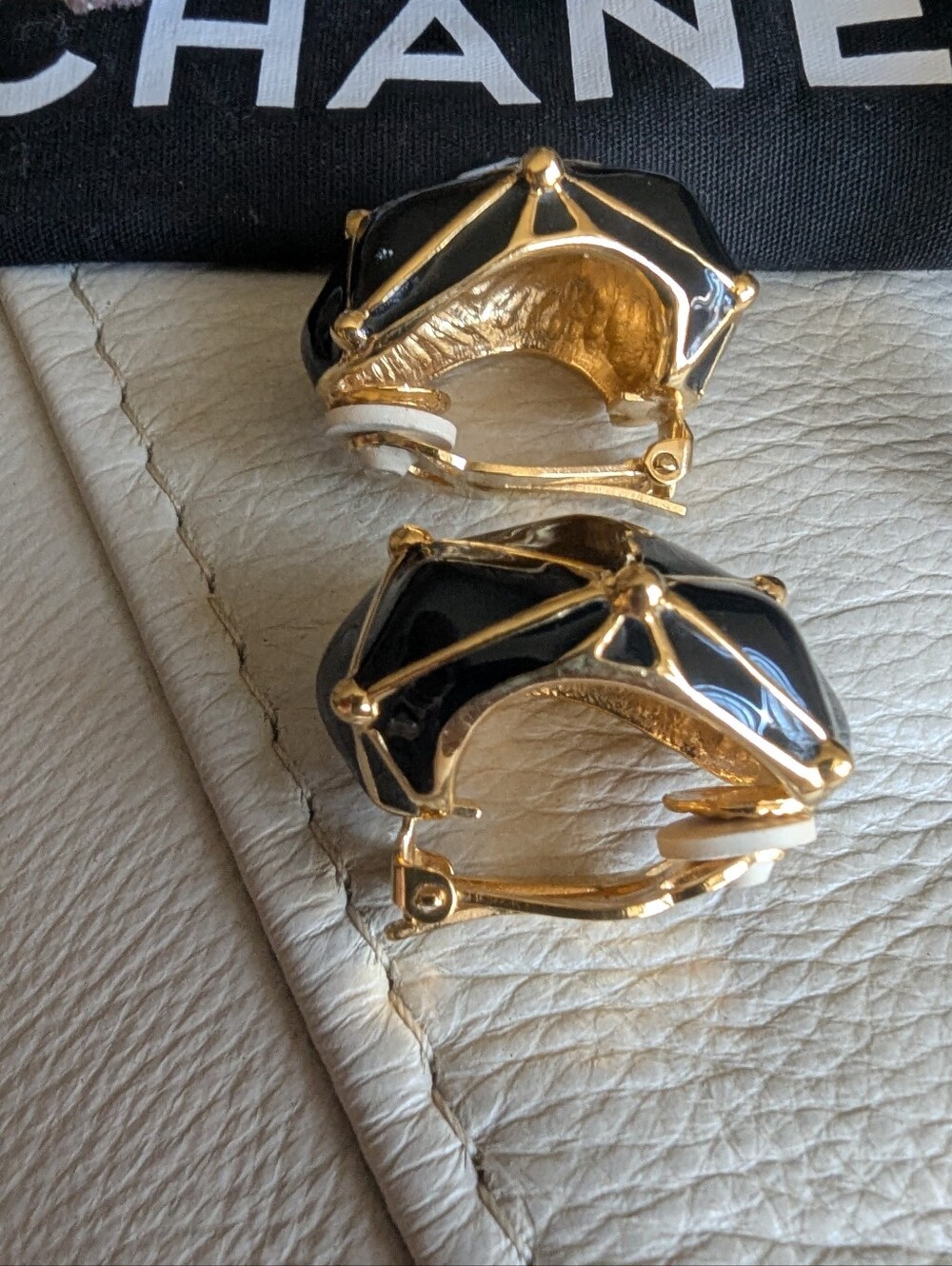 St. John Black and Gold Faceted Clip-On Earrings - Picture 4 of 10